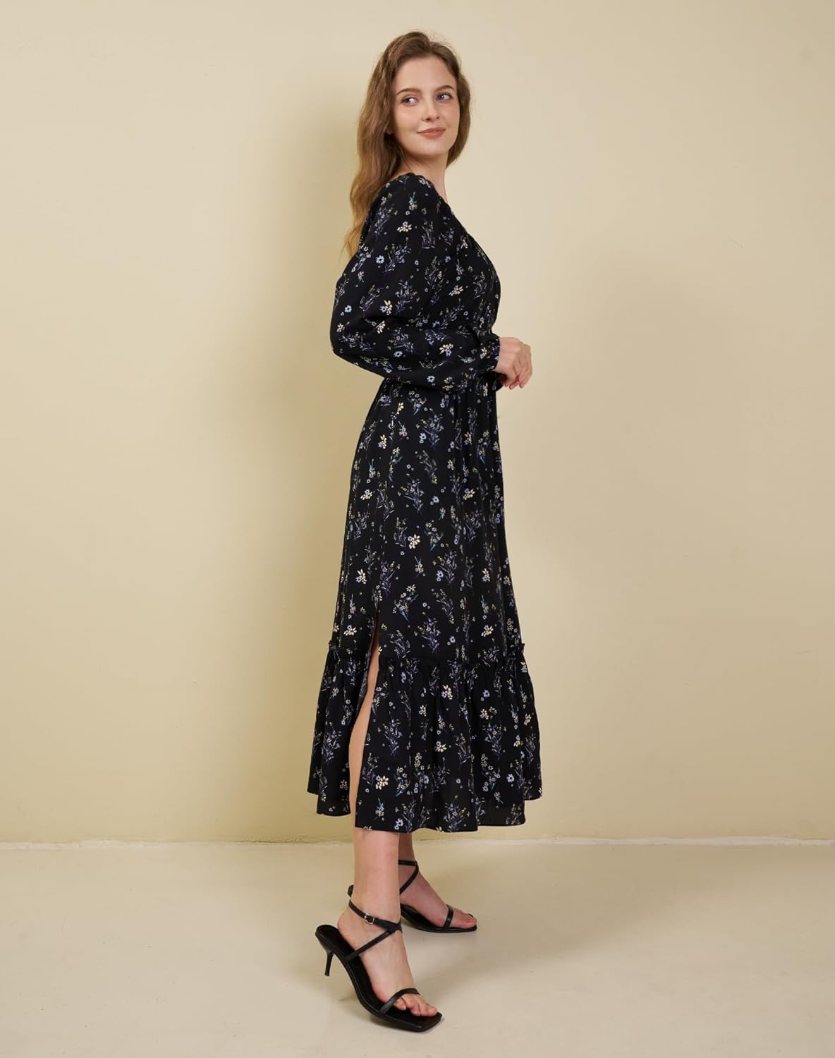 Women's Floral Boho Maxi Dress Long Sleeve V Neck 2025 Spring Ruffle A-Line Split Swing Long Dress with Pockets - Image 3