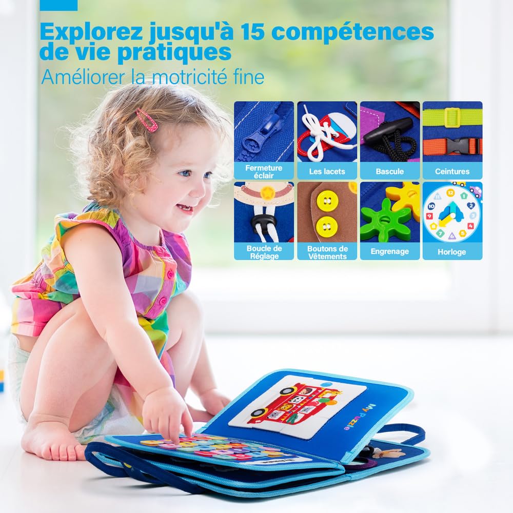OUOZZZ Busy Board Montessori Voiture en Français – Jouet Éducatif 1 2 3 Ans – Apprentissage des Lettres, Chiffres et Compétences de Vie – Tableau d’Activité Bébé Voyage – Cadeau Fille Garçon