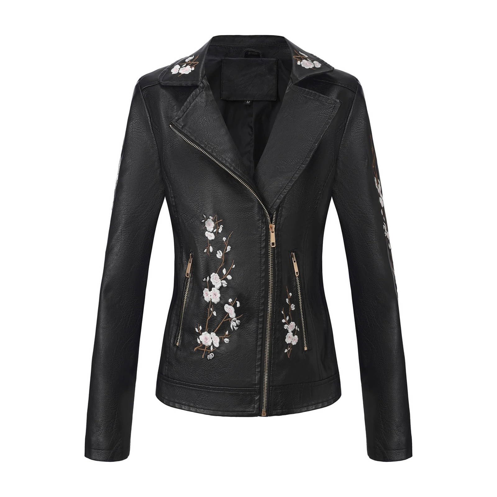 Generico Giacca Donna Ricamata Manica Lunga Asimmetrica Zip Casual Moto Taglie Europee Capospalla Giubbino