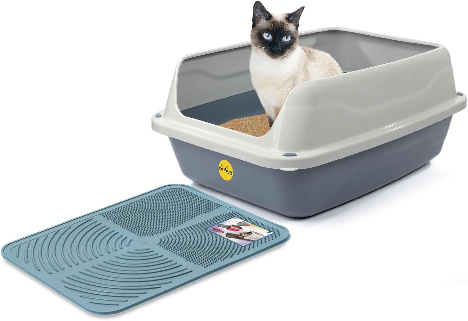 CAT CENTRE Big Grey Open Cat Litter Tray + Blue Tray Mat High Sided Rim Extra Deep Anti-Spillage XL Toilet Box Pan Loo High-Spraying Adult Cats Lowered Entry Step Detachable Rim Rounded Corners