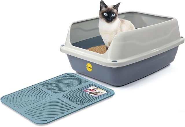 Big Grey Open Cat Litter Tray + Blue Tray Mat High Sided Rim Extra Deep Anti-Spillage XL Toilet Box Pan Loo High-Spraying Adult Cats Lowered Entry Step Detachable Rim Rounded Corners CatCentre®