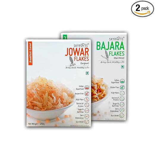 SKYROOTS Jowar Flakes & Bajara Flakes | Millets Cereal For Breakfast | High Protein | Gluten Free | Diet Food For Weight Loss |100% Natural (Combo Pack Each of 250 gm)