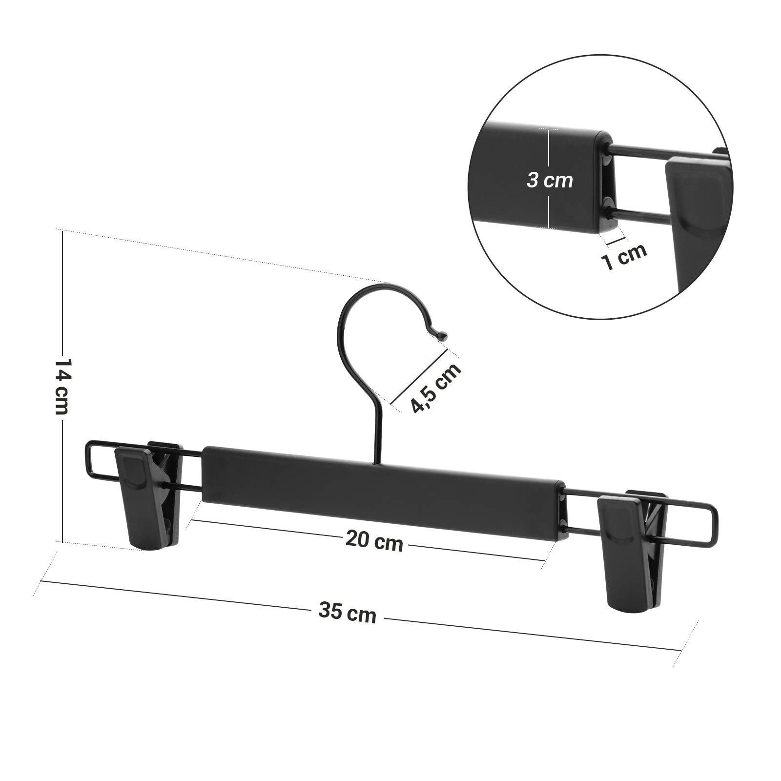 SONGMICS 12 Perchas para Pantalones, Alta Resistencia y Duradera con Pinzas, Perchas Plástica Faldas, Ahorran Espacio, Ganchos Giratorios de 360°, 35 cm de Largo, Negro CRP02BK12