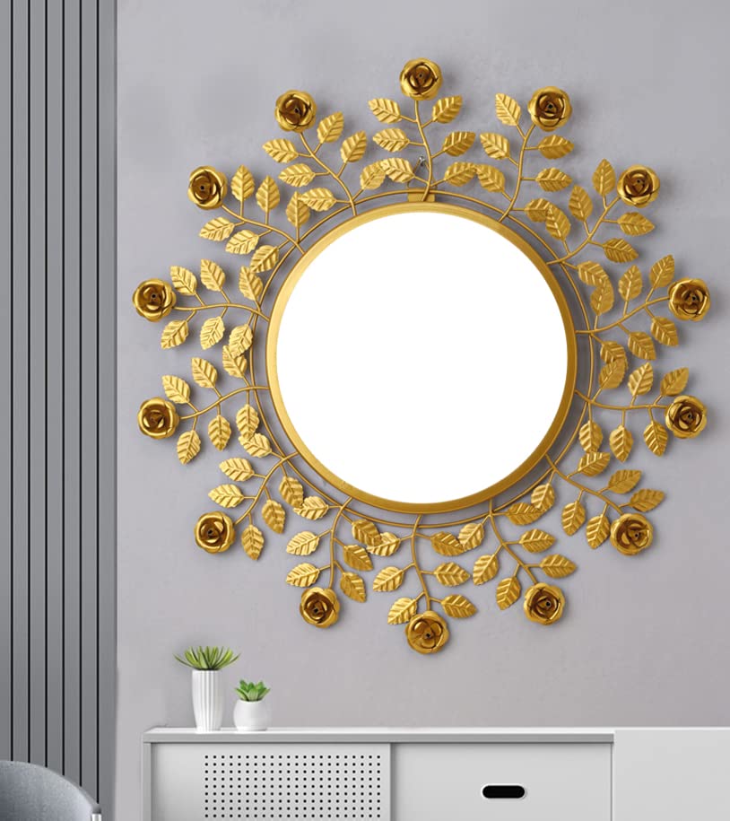Image of Artemade Golden Iron Framed Round Wall Mounted Mirror - Vintage Flower & Leaf Design Decorative Hanging Mirror for Living Room, Bedroom & Home Decor | Modern Art Accent Mirror