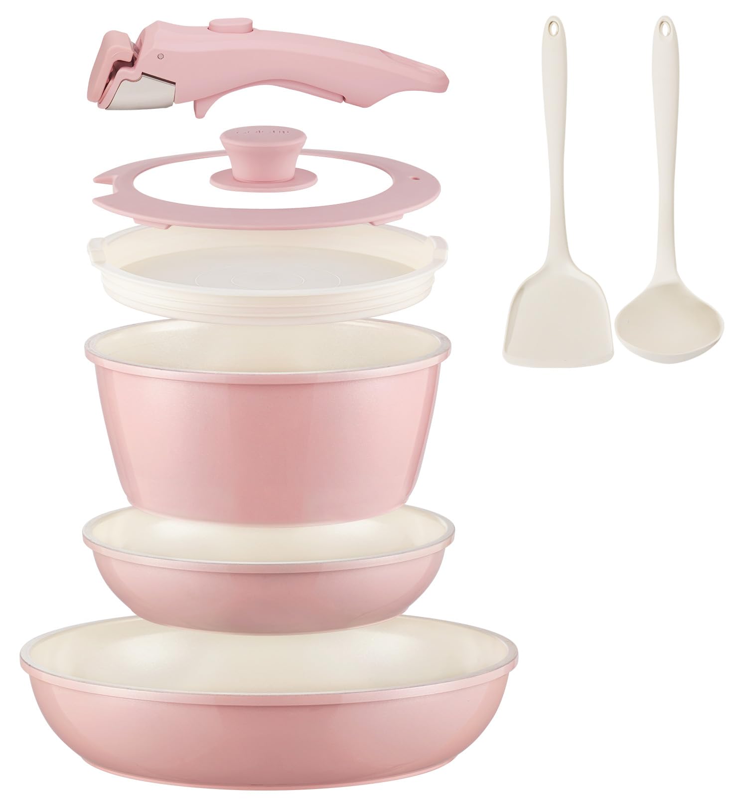COICUR Ceramic Cookware Set Non Stick 8Pcs Pots and Pans Set Removable Handle Induction Kitchen Cookware Set with Frying Pans Oven Safe, Light Pink