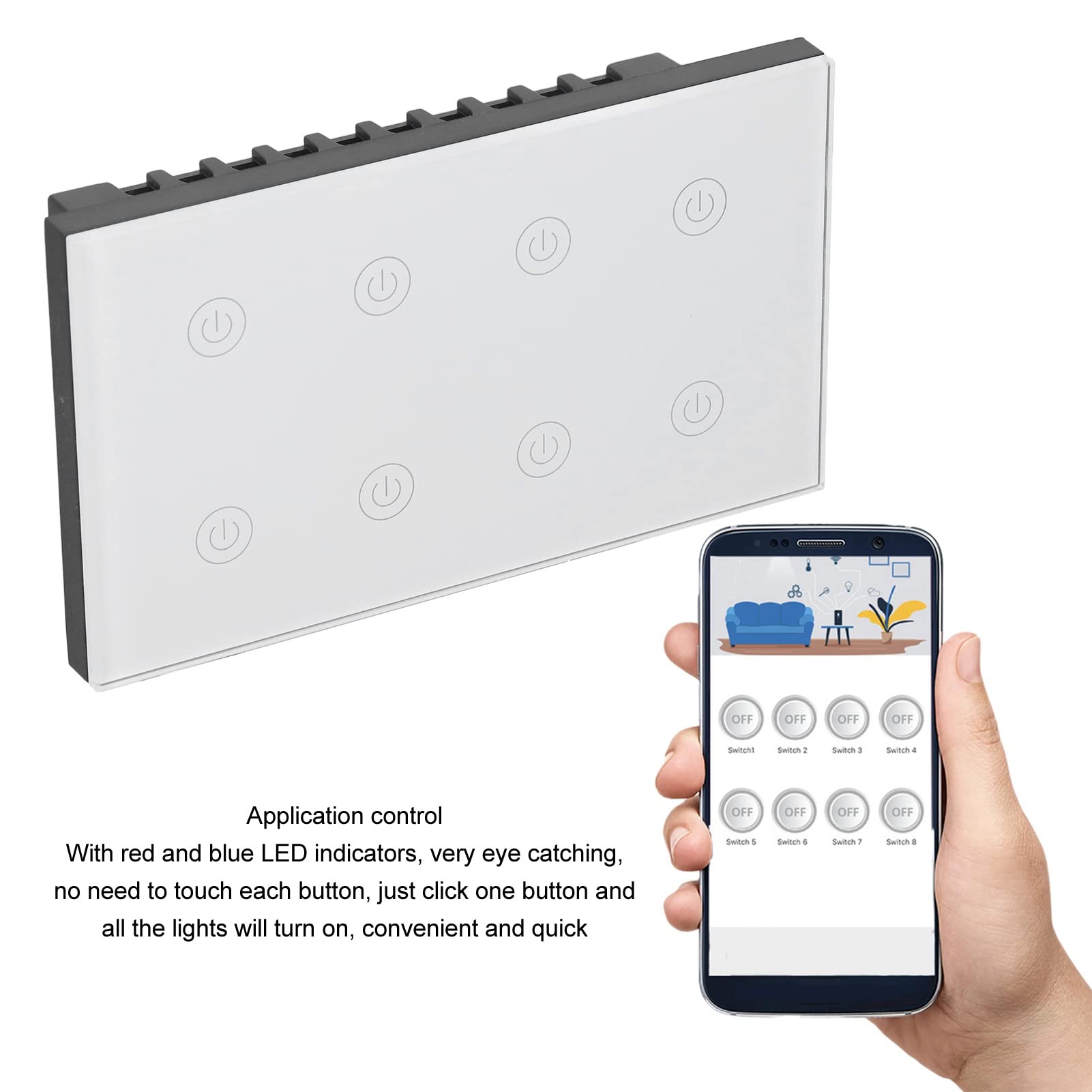 Fafeicy Interruptor de Luz Táctil Interruptor de Pared WiFi Inteligente de 8 Bandas, Compatible con Home para AC100-240V, Control Remoto a Través de la Aplicación, Programación del