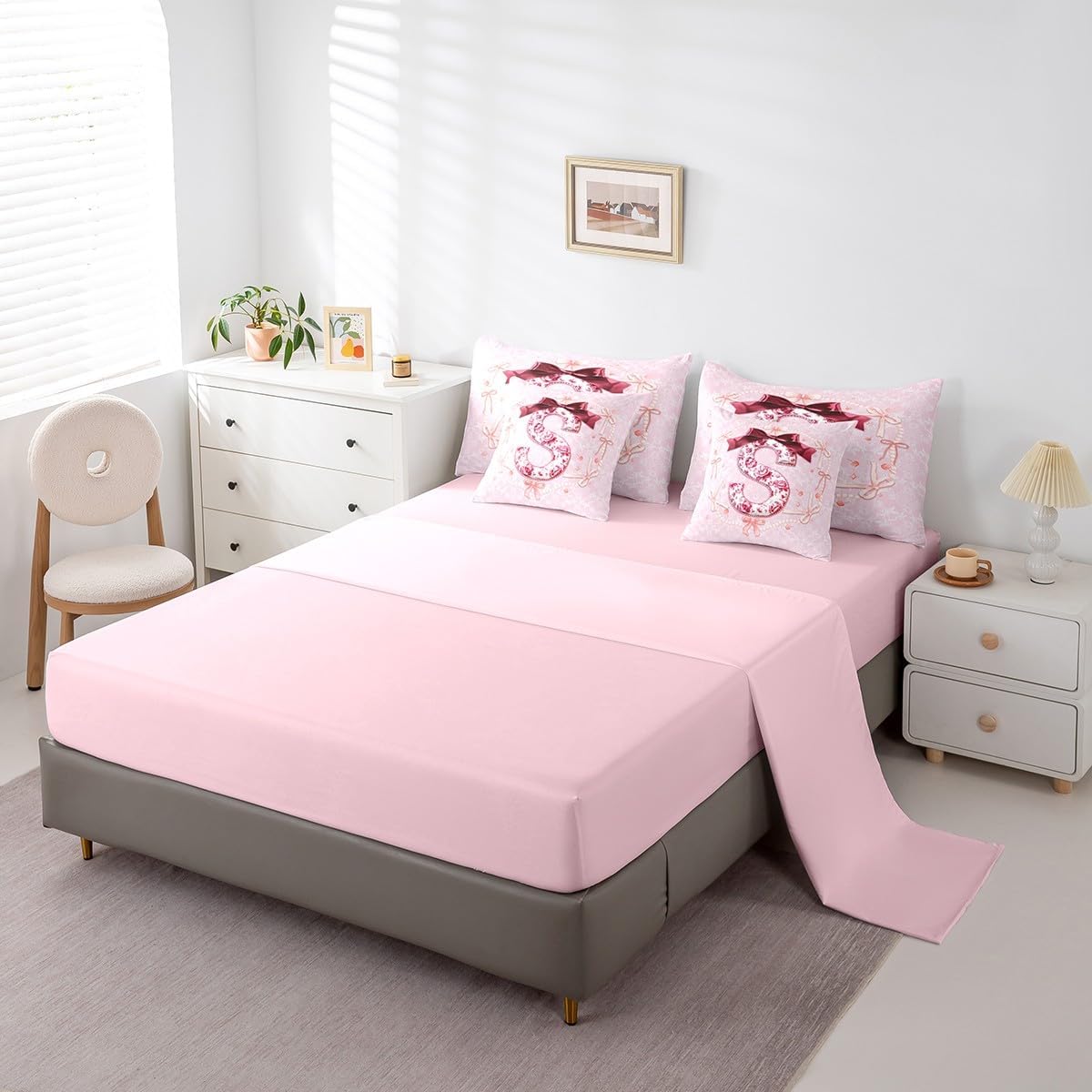 Erosebridal 7Pcs Cute Bow Twin Bedding Sets Preppy Coquette Bows Comforter Set with Sheets for Girls Kids Teens Girly Floral Bed in A Bag Princess Watercolor Initial S Birthday Gifts Quilt(S)