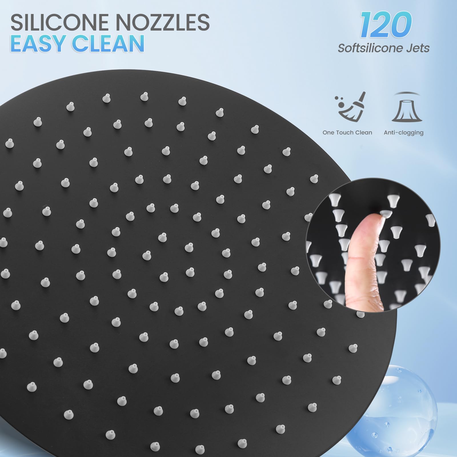 Soffione doccia a pioggia, 30,5 cm, in acciaio inox, con 120 ugelli in silicone, colore nero opaco