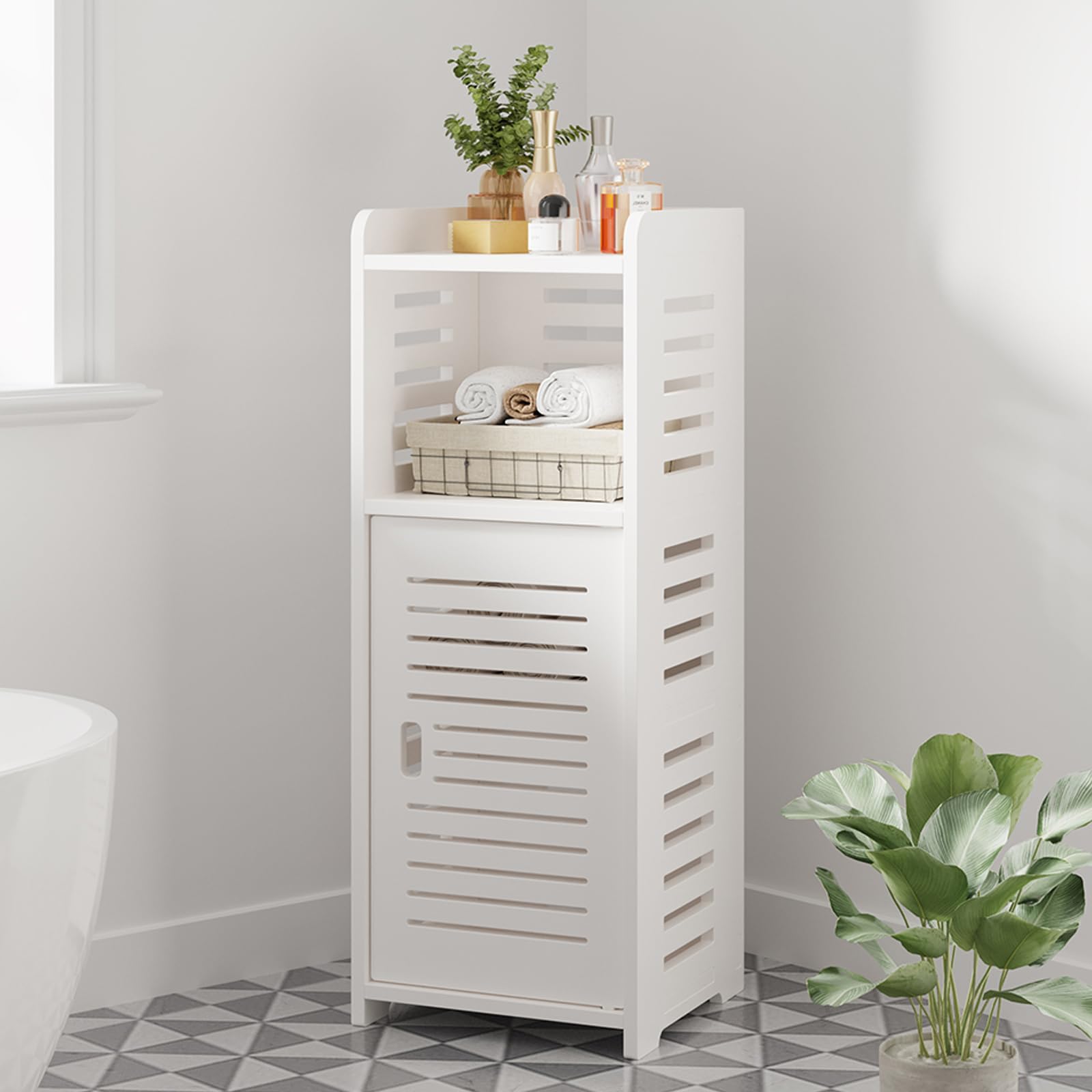 Dripex 4 Tier Bathroom Floor Cabinet, 30W x 30D x 80H cm, White Storage Cabinet with Door, Narrow Free Standing Cupboards Adjustable Shelves for Bathroom or Bedroom (Door Style 1)