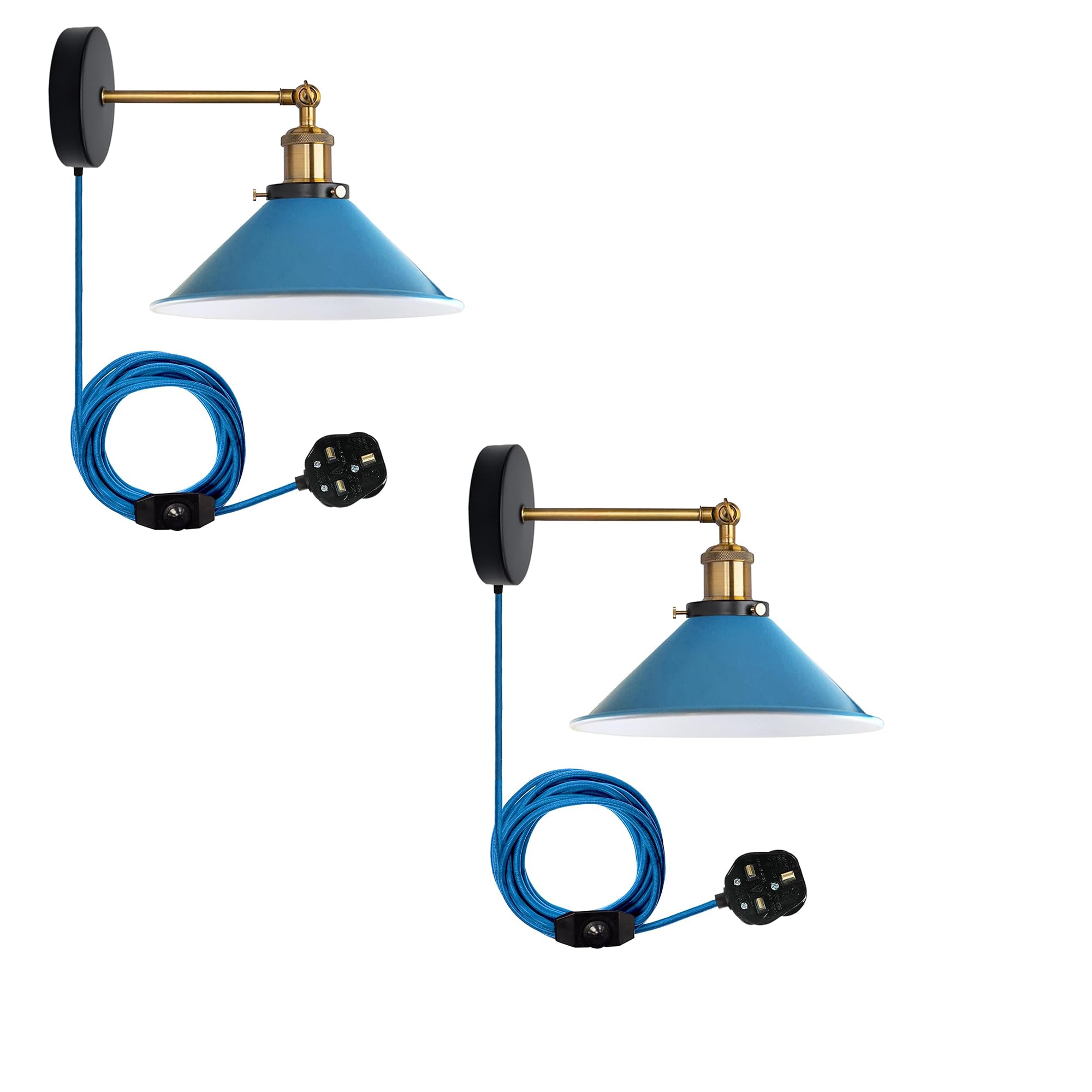 LEDSone 2 Pack of Retro Industrial Wall Light Plug in Wall Lamp Metal Cone Shape Shade Indoor Light Fitting with Dimmer Switch for Bedroom Hallway Restaurants (Blue 2 Pack, Without Bulb)