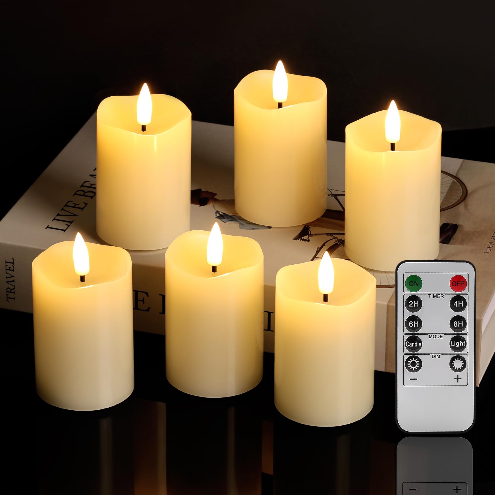 Eywamage Candele votive senza fiamma con batterie a distanza, 2 x 3 candele a LED tremolanti, set di 6 pezzi, colore: avorio