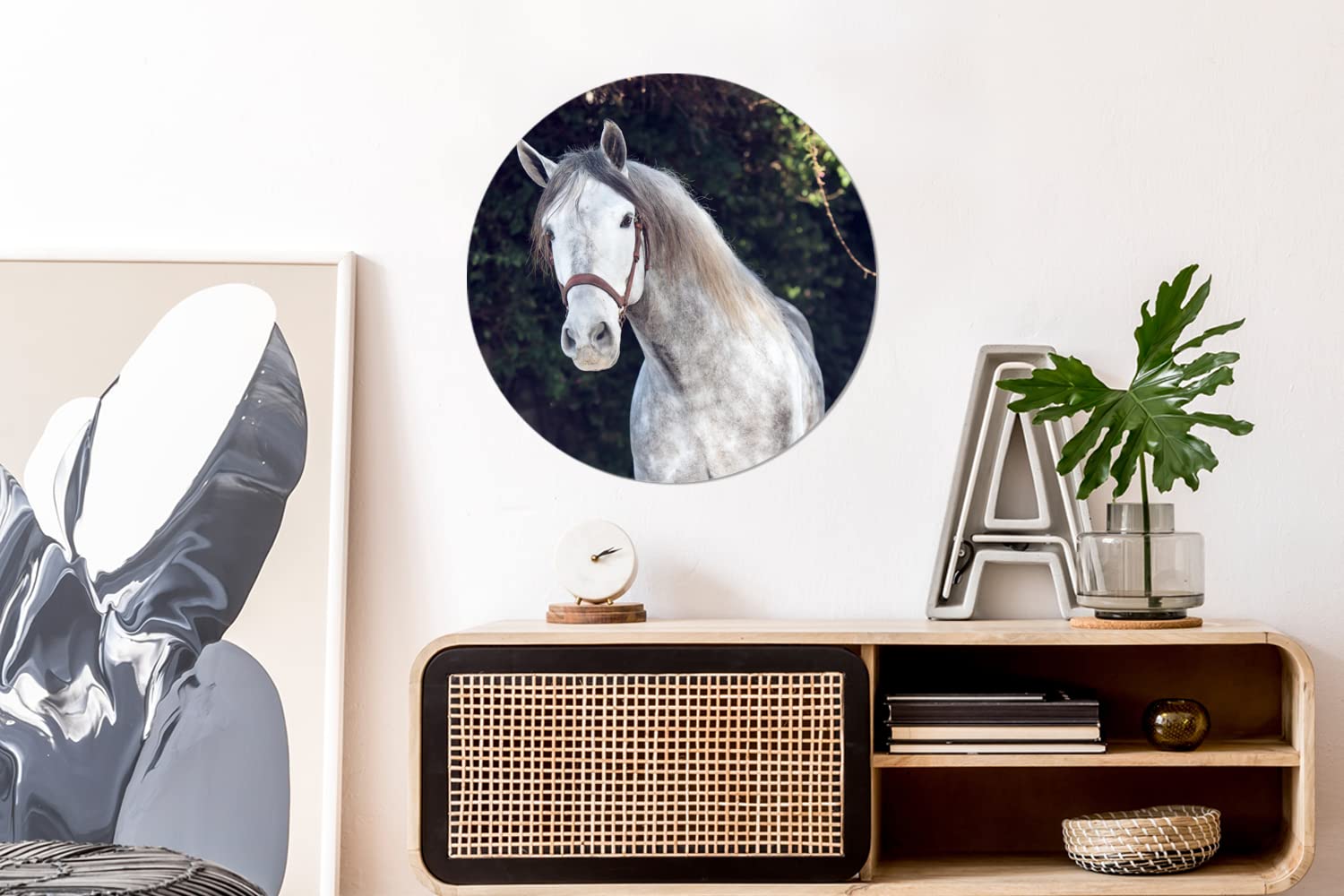 MuchoWow Wandbild Rund Wanddeko Deko Wohnzimmer Bilder 60x60 cm Pferd - Halfter - Natur