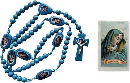 "Virgen de los Dolores" Tarjeta Laminada y Rosario Azul de Madera Hecho a Mano