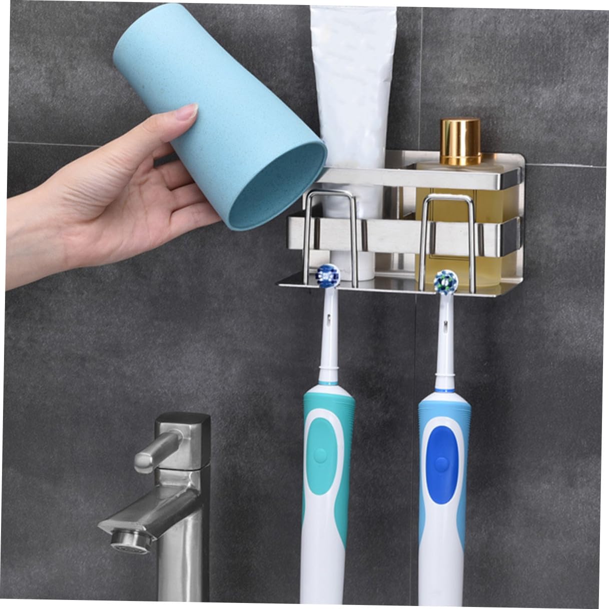 Sosoport Porta Spazzolino in Acciaio 304 Doppio Supporto da Parete Ventilato e Compatto per Bagno Organizer Elegante per Spazzolini e Dentifricio Salvaspazio e Resistente
