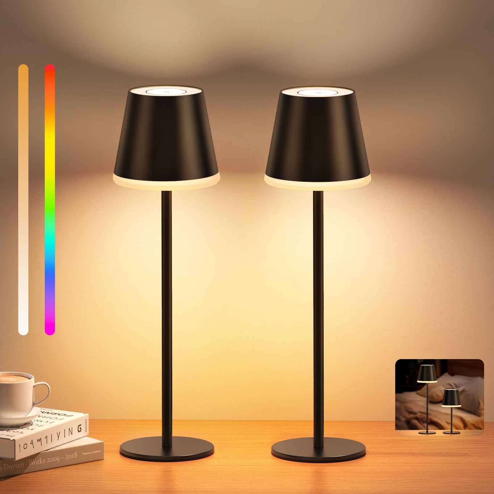 NIBSHOOM Lampada da Tavolo Senza Fili Dimmabile,5200mAh Lampada da Tavolo Ricaricabile con Luce Calda e RGB,Altezza Regolabile e IP54 Impermeabile per Esterno,Camera da Letto,Sala da Pranzo(2 pezzi)