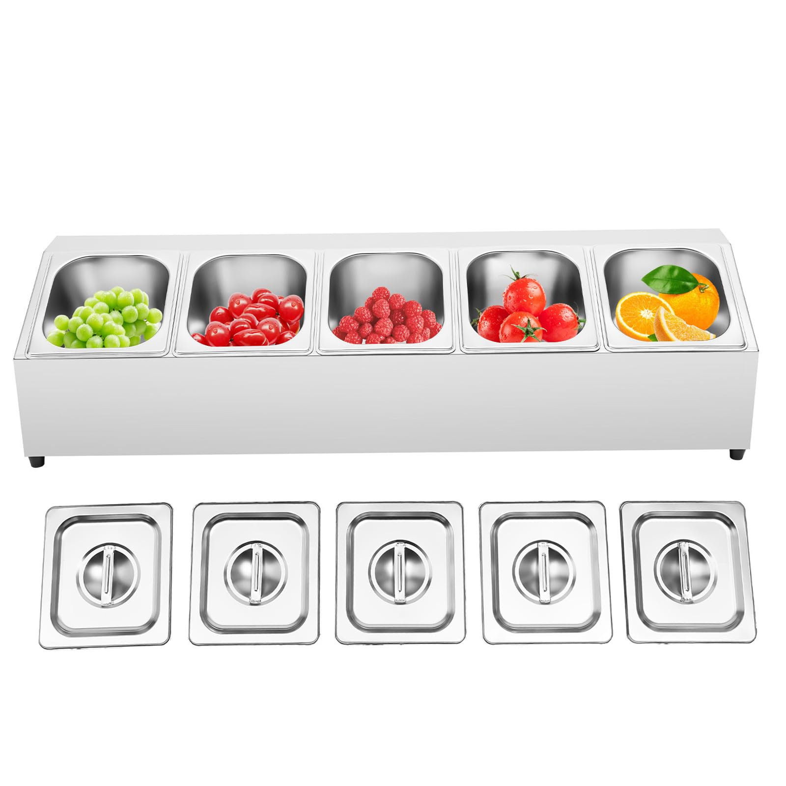 Gastronorm - Soporte para recipientes gastronorm (5 unidades, acero inoxidable, apto para lavavajillas, incluye 5 recipientes de 1/6 con 5 tapas a juego)