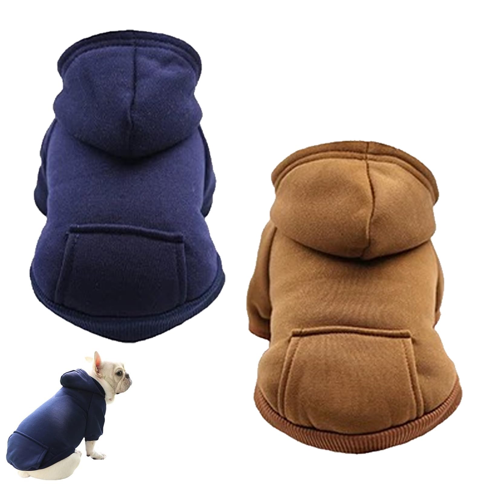 2 Pack Dog Hoodie Warm Hood Dogs Sweater Cold Weather Small Dogs Sweatshirt Winter Pet Coat Warm Fleece Lined Dog Clothes Pet Hoodie with Pockets Pet Clothes Puppy Cat Custume (Dark blue+brown, M)