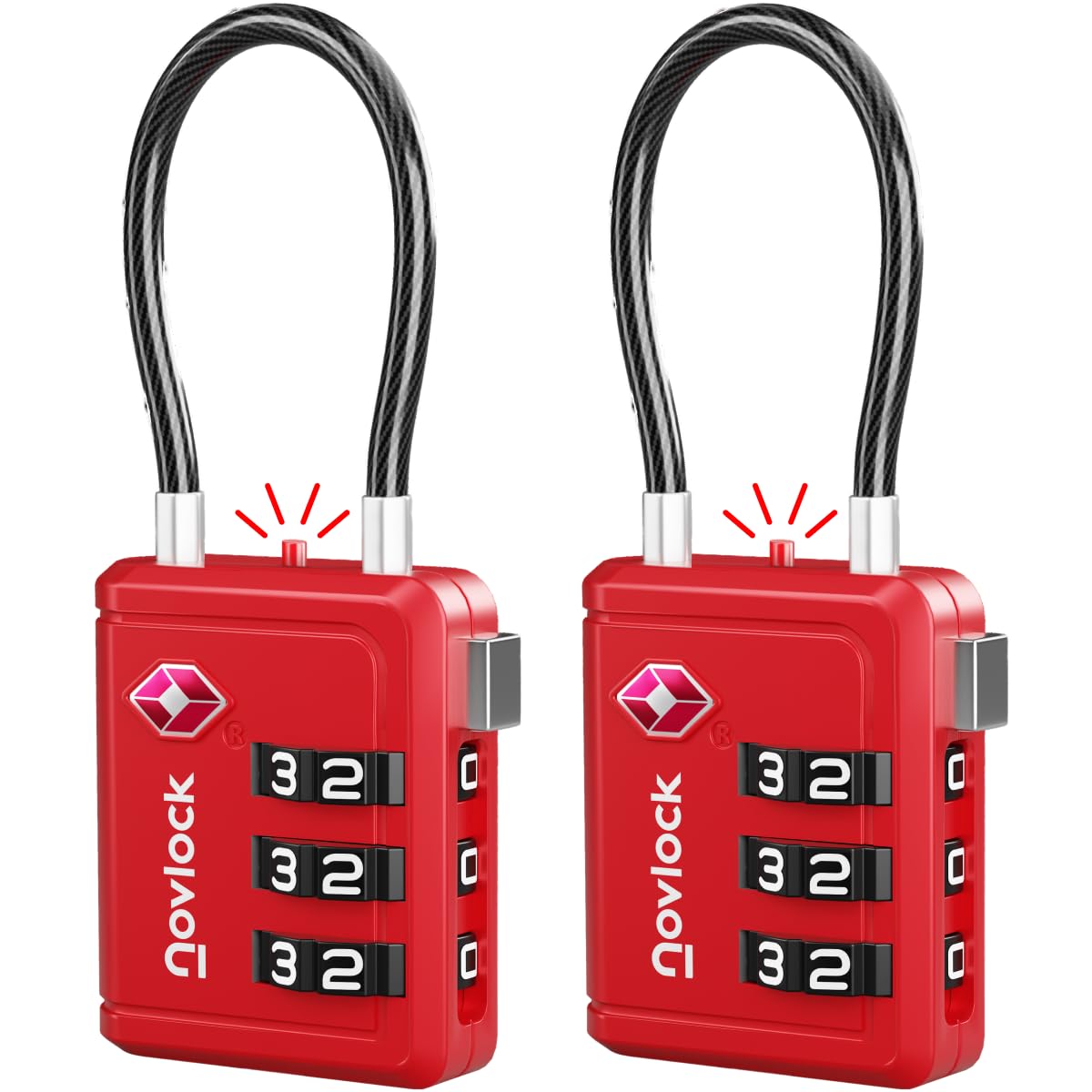 NOVLOCK Luggage Locks – TSA Approved Suitcase Locks – Travel Padlocks with Inspection Indicator – TSA Locks for Suitcases, Backpacks, Cases, Bags – 2-Pack, Red