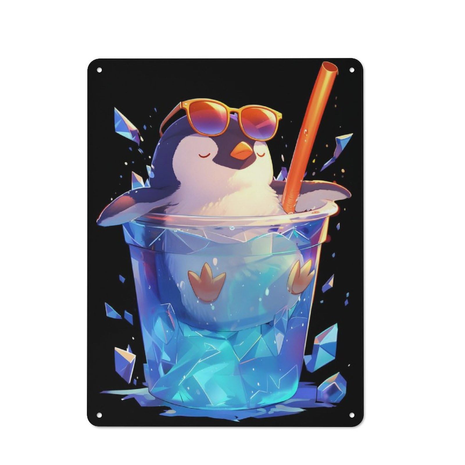 Tin Wall Plaque 40x30cm with Ice Cold Penguin Drink for Home Bar Wall, for Hosts Who Enjoy Retro Interiors Refreshing A Room in Autumn