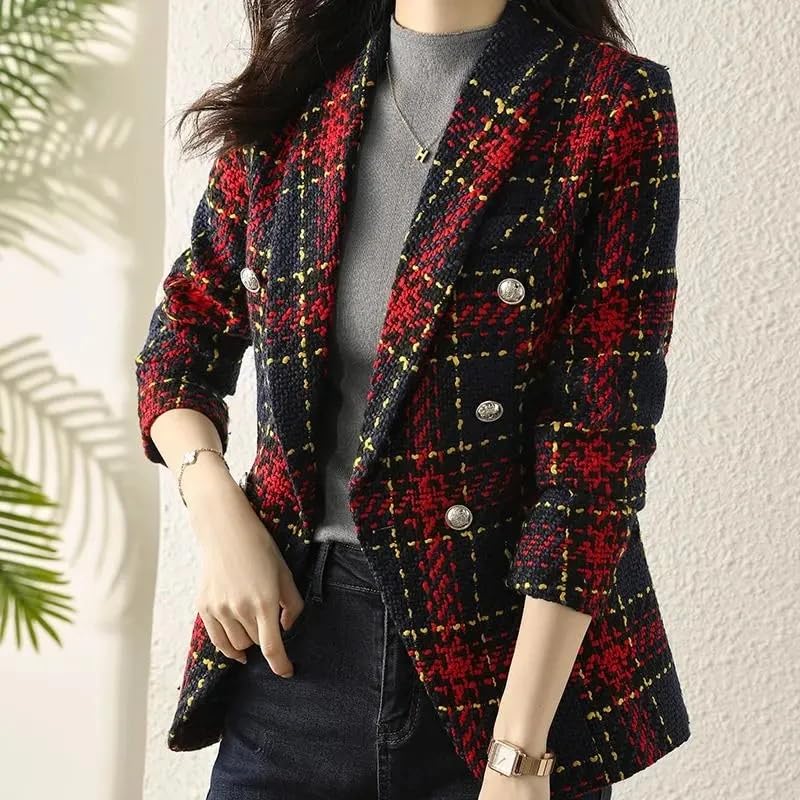 Blazer Small Women Plaid Short Suit Jacket Slim V-Neck Double Female4
