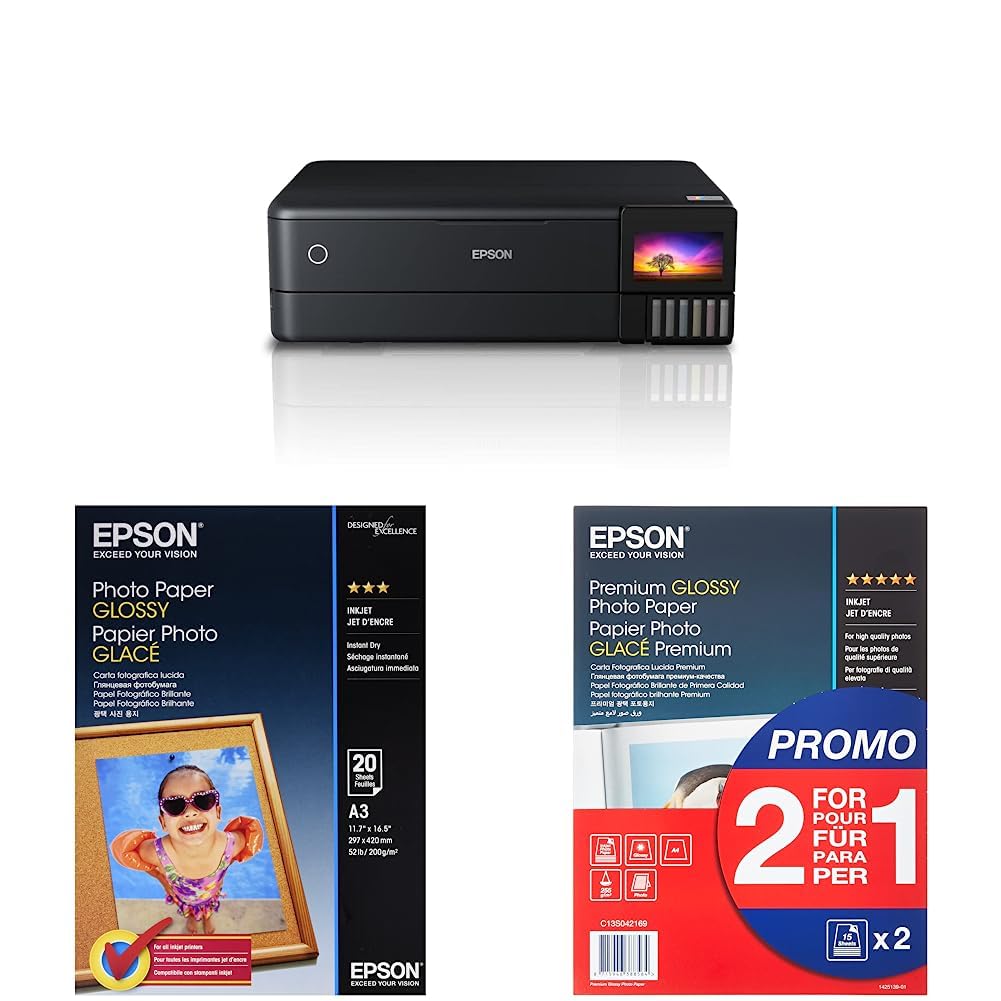 Epson EcoTank ET-8550 3-in-1 Tinten-Multifunktionsgerät & Foto Papier glänzend A3 20 Blatt 1er-Pack & Premium Glossy Photo Paper Inkjet 255g/m2 A4 2x15 Blatt Pack