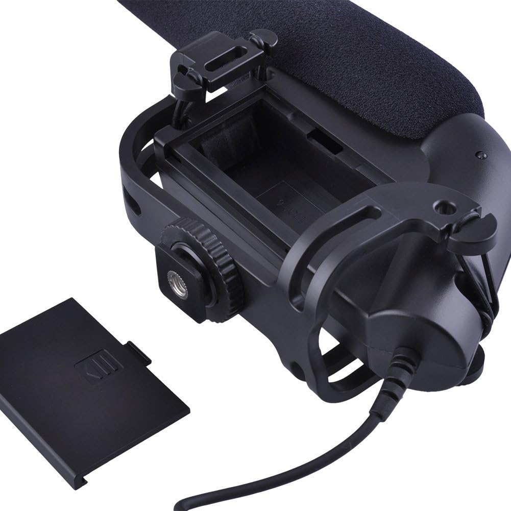 Başqa view of the Boya BY-VM190 microphone's battery compartment, showing the 9V battery slot.