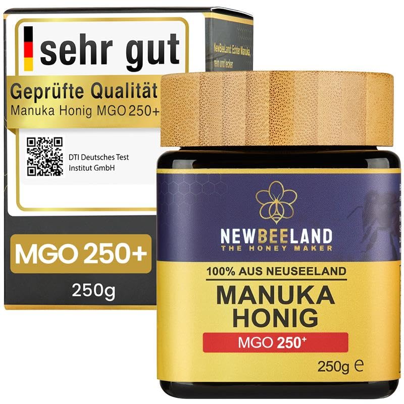 NEWBEELAND Manuka Honig MGO 250+ – 250g – lichtgeschütztes Glas, 100% purer Premium Manuka Honey aus Neuseeland, chargengeprüft mit zertifiziertem Methylglyoxal-Gehalt, ohne Zusatzstoffe