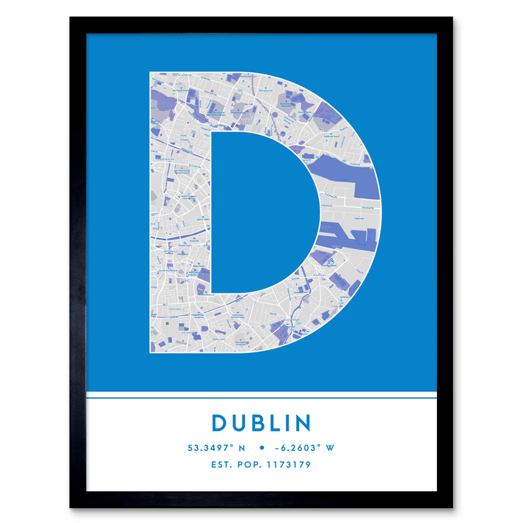 Wee Blue Coo Dublin Ireland City Map Blue Colour Block Modern Typography Stylish Letter Framed Word Wall Art Print Poster for Home Décor CITYMAP1