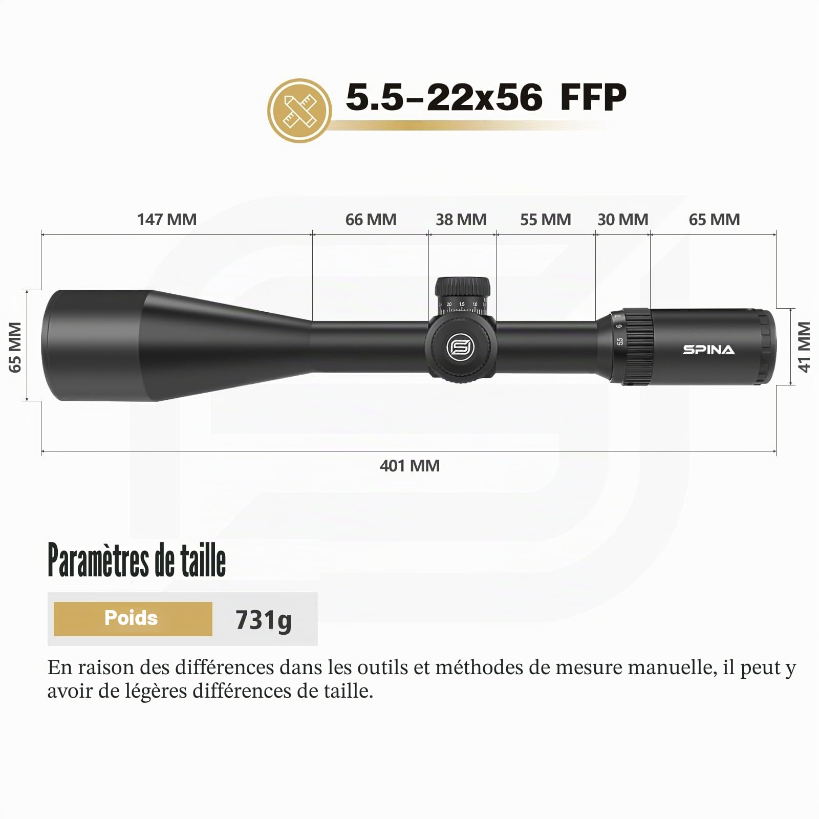 SPINA OPTICS 5.5-22x56 FFP Lunette de visée- 1 / 10mil Premier Focal Plane viseur avec Filet d'éclairage, Pare - Soleil, Roue parallaxe