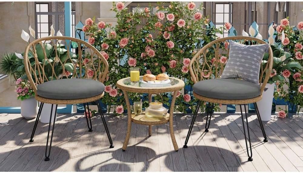 Outdoor Leisure Set - 2 Rattan Single Chairs & Glass Round Table for Patios, Balconies, Courtyards