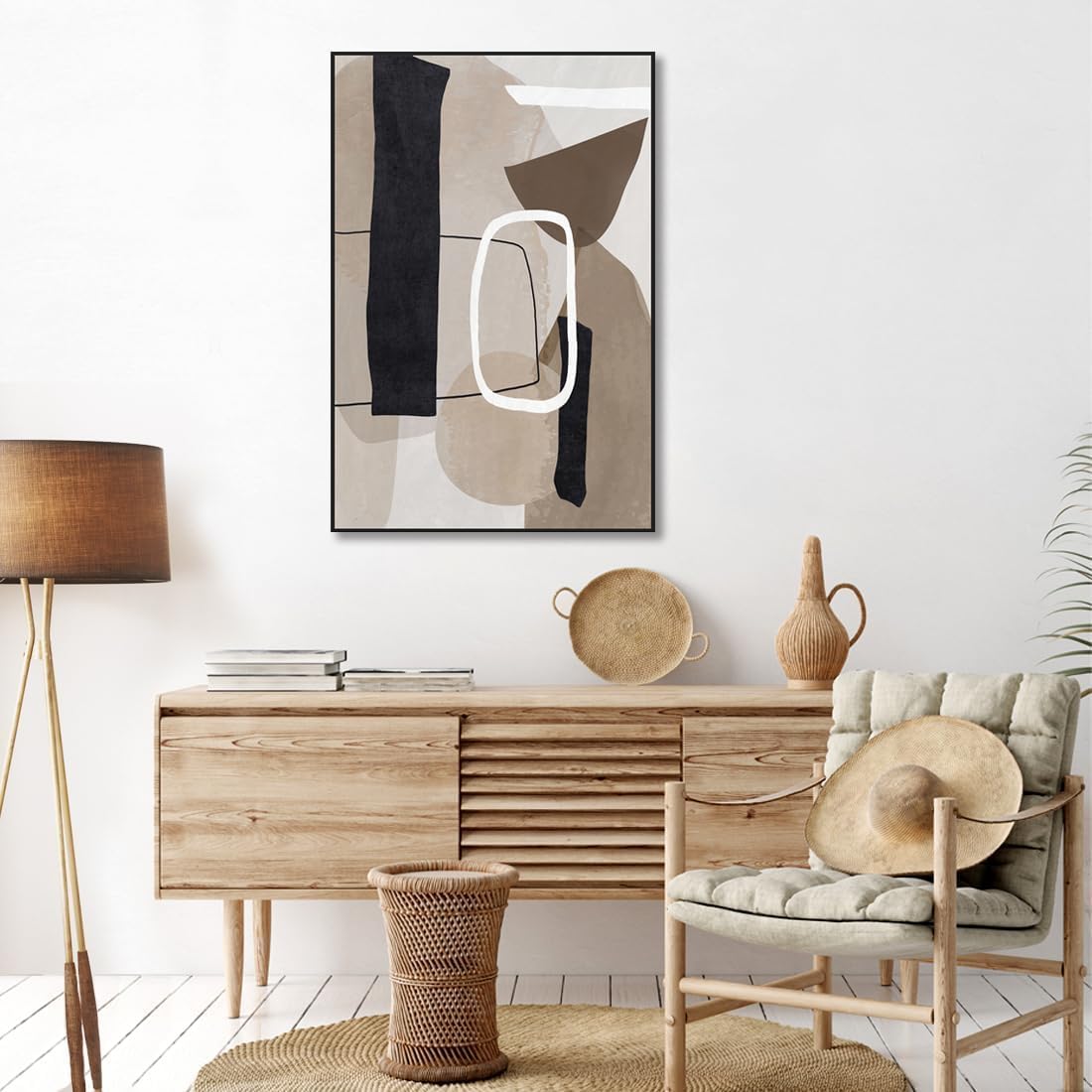 Living Room Wall Art Geometric Lines Abstract Painting Picture Decoration, Brown and Matte Gray Canvas Artwork for Office Bedroom Walls Decor 24 x 36 Framed