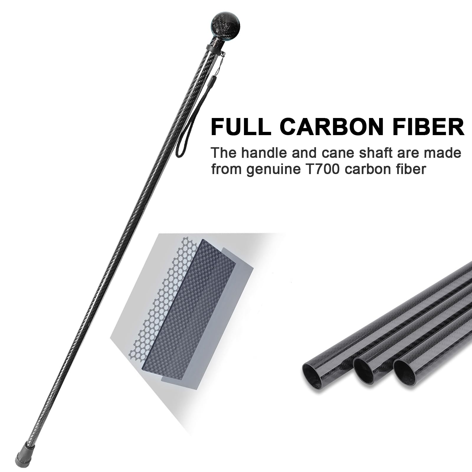 Bastón de fibra de carbono, bastón portátil ligero con correa de muñeca y mango en T para personas mayores y adultos, bastón de fibra de carbono ergonómico y resistente, 37.8 pulgadas