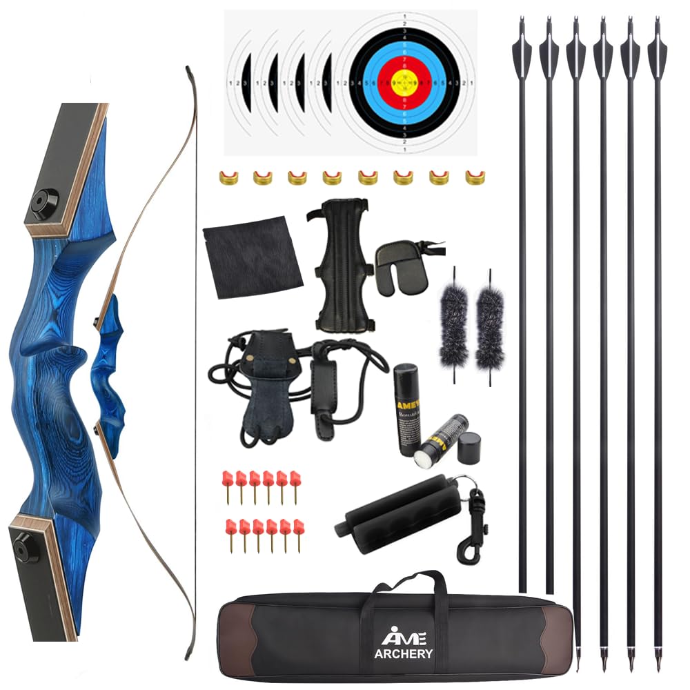 60” Black Hunter Original Recurve Bow Set American Hunting Longbow Archery Woodbow 20-60lbs Right/Left Handed for Archery Hunting Shooting Practice (Left hand blue, 20 Ibs)