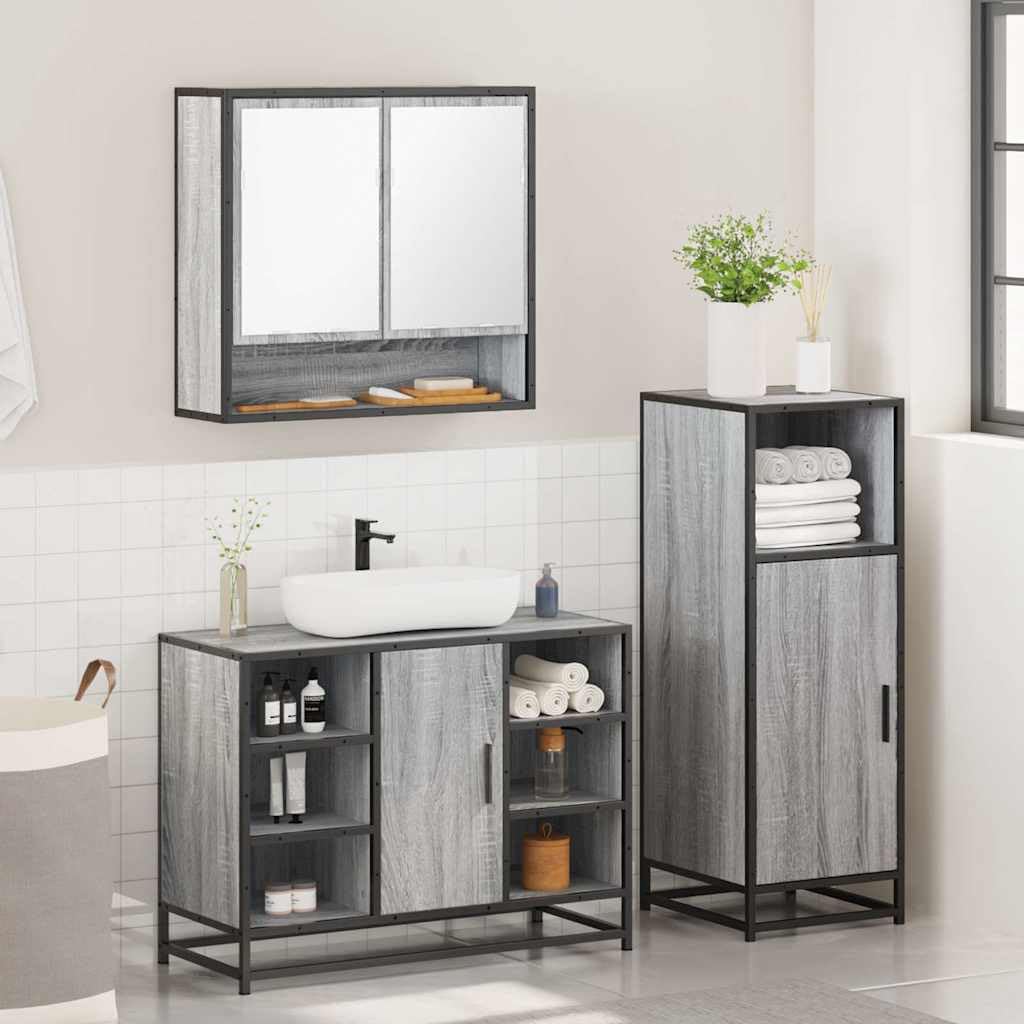 3-TLG. Badmöbel-Set Holzwerkstoff Grau Sonoma Metallrahmen