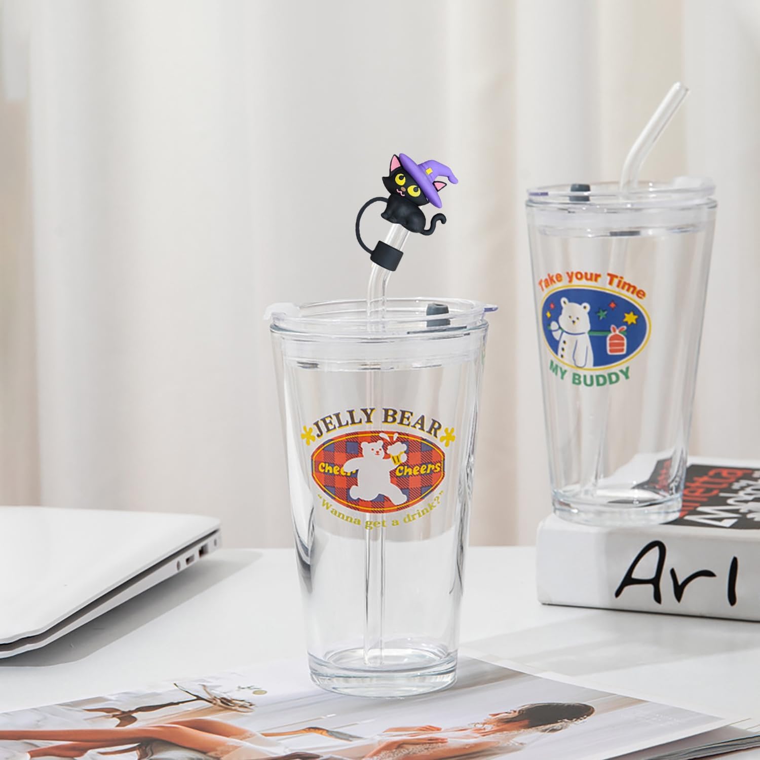 Black Halloween Straw Toppers Reusable Drinking Straw Cover Cap for Stanley Cup Ghost Pumpkin Bat Cat Drinking Straw Covers 0.4in Cute Straw Tip Covers Decorations for Halloween Cup Accessories 4Pcs - Image 5