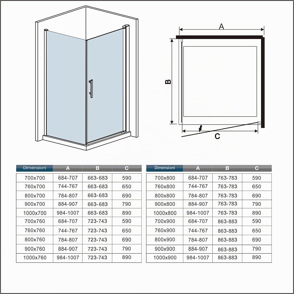 H.187cm Box Doccia Angolare 80x80cm Porta Battente 6mm Vetro Barra