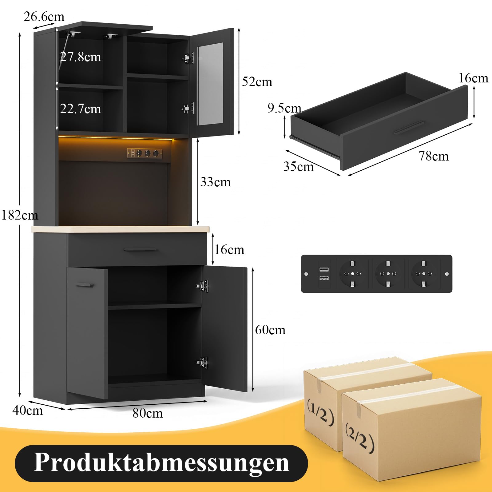 Devoko Küchenschrank mit Arbeitsplatte & Steckdose, Buffetschrank LED Soft-Close, Vorratsschrank Höhenverstellbar Verstärkte Rückwand, Mehrzweckschrank Küche Wohnzimmer, Schwarz