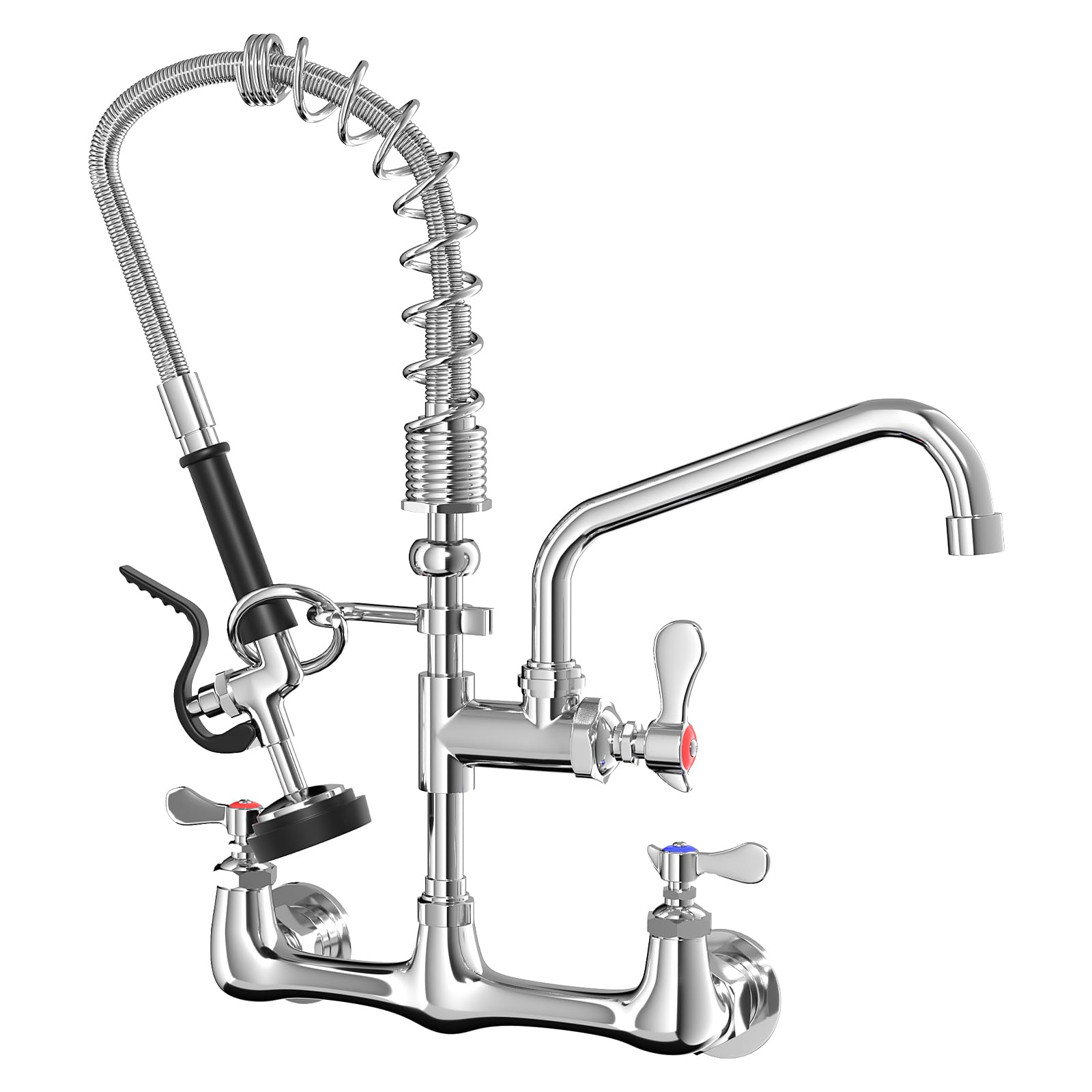 Commercial Wall Mount Kitchen Faucet with Pull Down Pre-Rinse Sprayer, Adjustable Swing Spout, Heavy-Duty Utility Sink Tap for Restaurant, Bar, 3 Compartment Sinks
