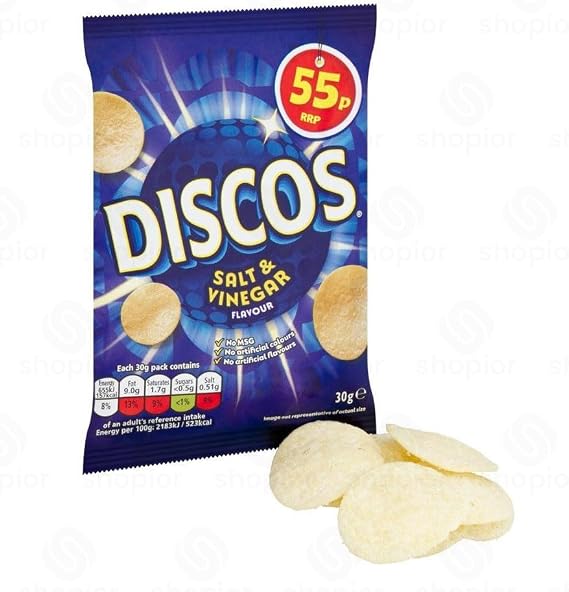 Discos Crisps Multipack | Cheese & Onion, Salt Vinegar, Prawn Cocktail, Pickled Onion| Bold Flavour, Crunchy Snack for Lunchboxes, Office, School (Salt & Vinegar 55p - 30g x 30Pack)