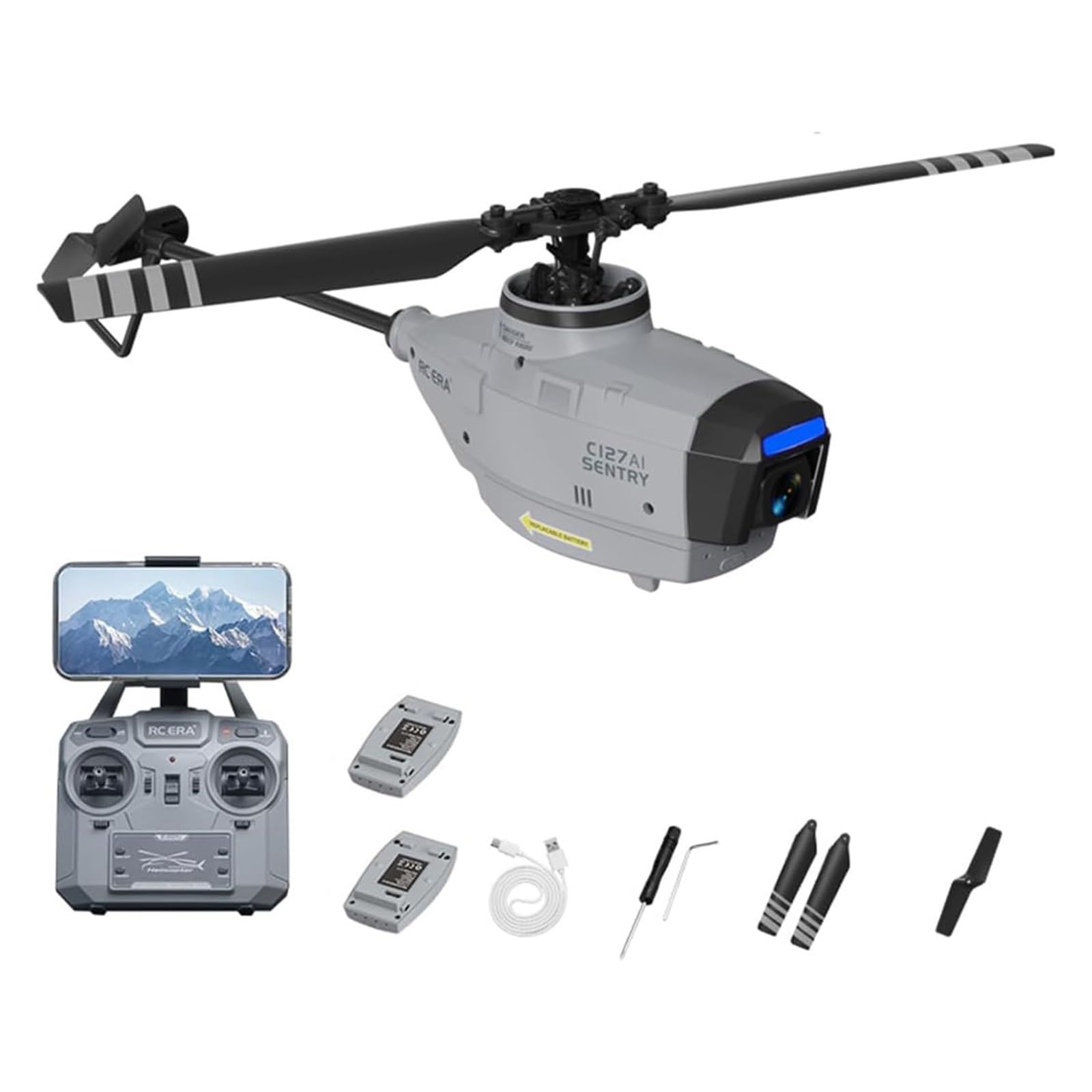 Elicottero RC Scout C127AI con Telecamera 1080P, Modello di Elicottero brushless monorotore 2.4G 4CH Senza alettoni, velivolo telecomandato con giroscopio a 6 Assi(Gray,Dual Batteries)