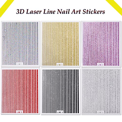 Line Nail Stickers For Nail Art - 3D Holographic Stripe Nail Art Stickers Decals 6Sheets Silver Gold Glitter Stripe French Design Nail Decals Self Adhesive Nail Art Supplies For Women Manicure Decor #TOP7