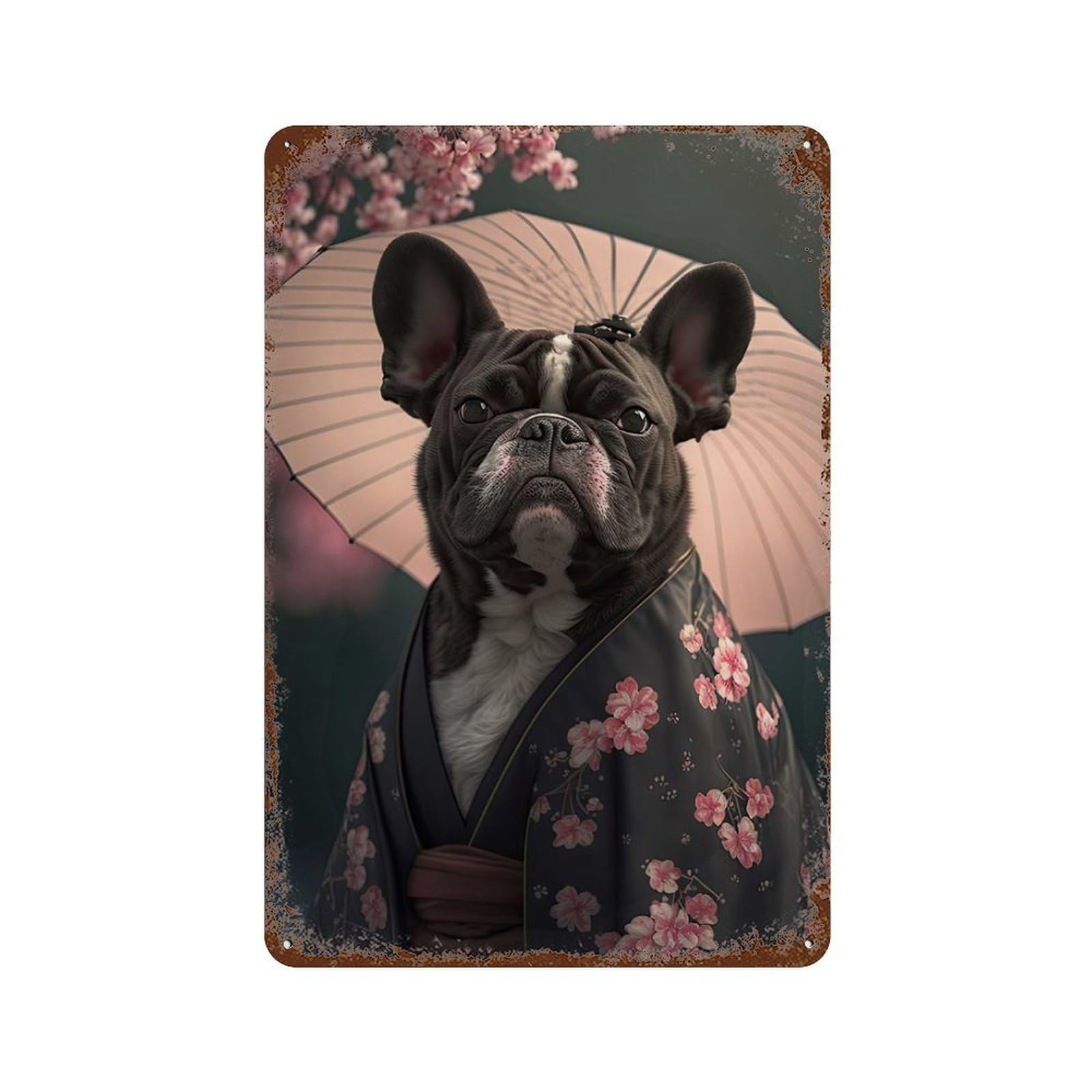 Garage Style French Bulldog Kimono Aged Metal Wall Plaque 11.8"x7.9", Decorative Metal Wall Art for Bar And Workshop