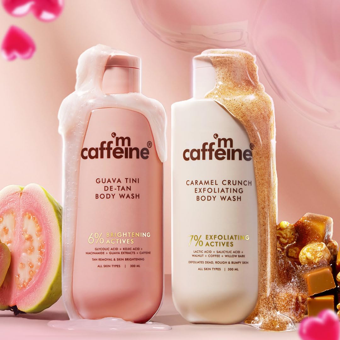 mCaffeine De-Tan & Exfoliating Body Washes (Set of 2) | Guava & Caramel Crunch Body Washes (300 ml x 2) | With Niacinamide, Salicylic and Lactic Acid | Brightens & Even Tones | Reduces Body Acne |