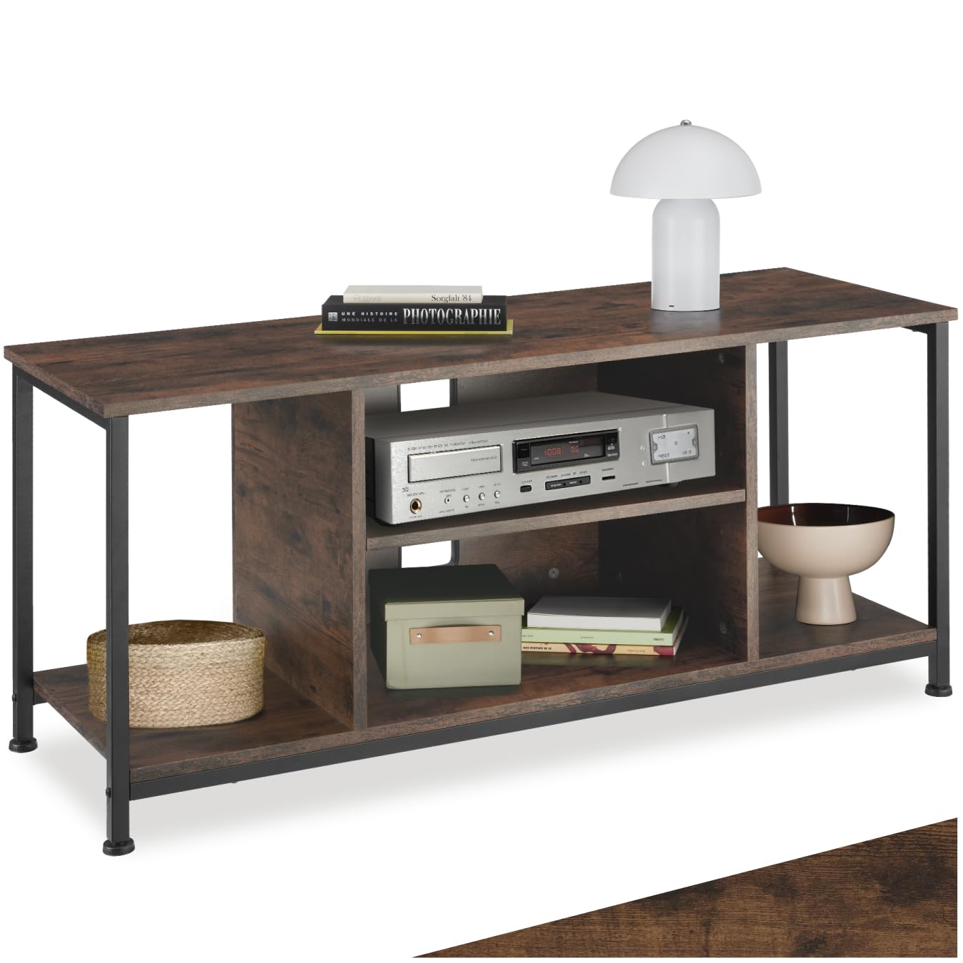 tectake® Industrial Lowboard, TV Ständer Regal, Kommode mit 4 offenen Fächern, 110/120 x 40 x 50,5 cm, Fernsehtisch, TV Board, Wohnzimmer Möbel, Sideboard - 110 cm, Industrial Holz dunkel, rustikal