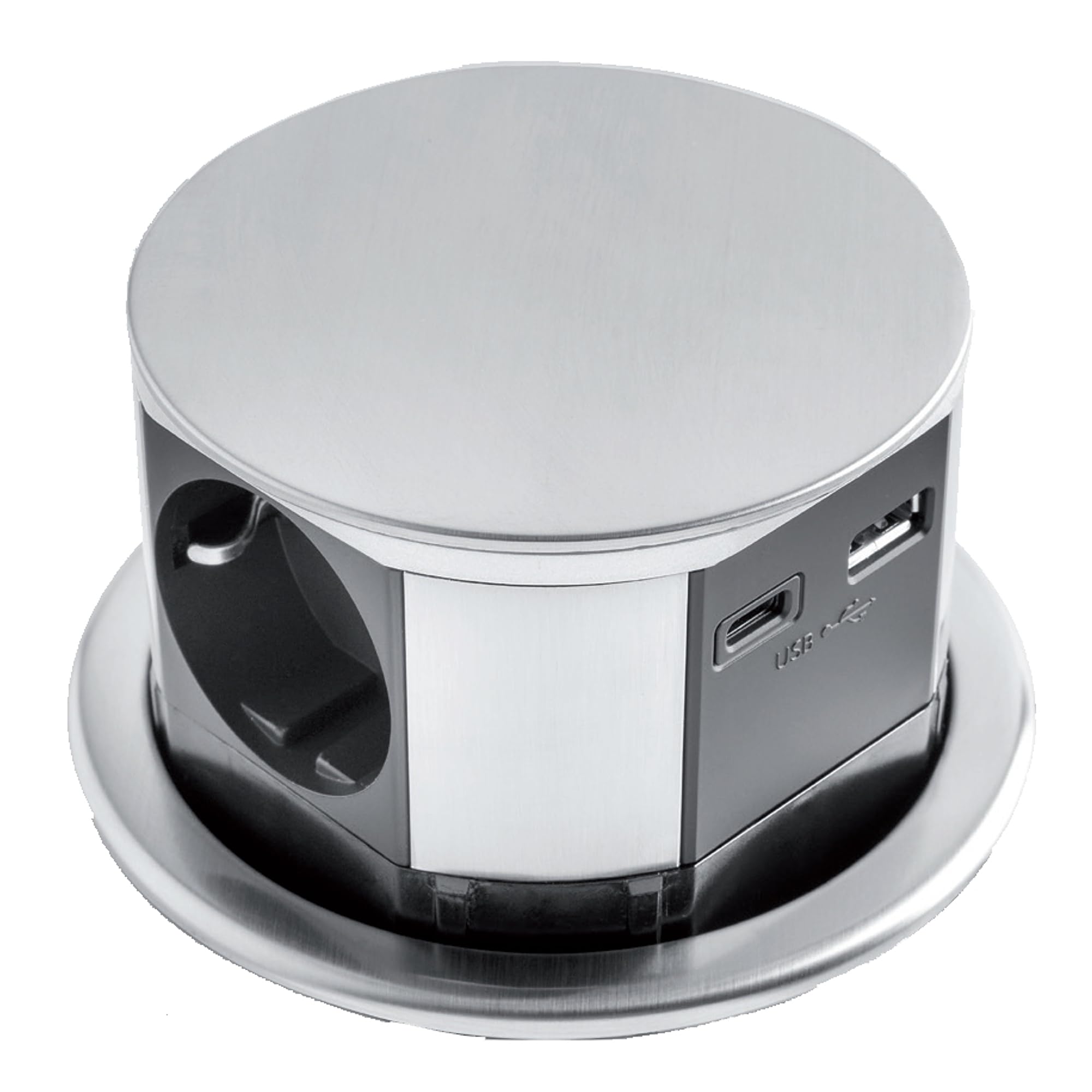Torretta Multipresa Estraibile a Scomparsa 3 Prese 1 USB A 1 USB TIPO C, da incasso Compatta, Finitura in Acciaio Inox, Design Scorrevole Verticale, Ideale per Cucina e Ufficio