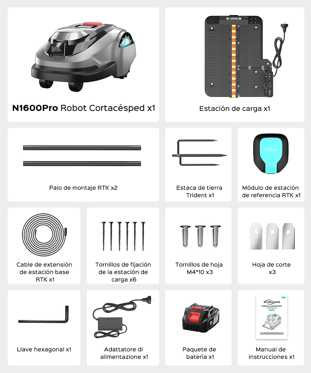 (2026 Upgrade) YARDCARE N1600 Pro Robot cortacésped sin Cable perimetral, Recomendado para 1600 m² – con RTK & visión, Corte en U, gestión multizona, Control Mediante App y evitación de obstáculos