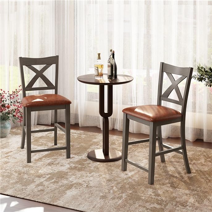 ERGOMASTER 24" Bar Stools with Backrest, Modern Counter Height Barstools Set of 2, 290 lbs Capacity Soft PU Leather & Solid Rubber Wood for Kitchen Island,Home Bar, Dining Room Gray & Brown