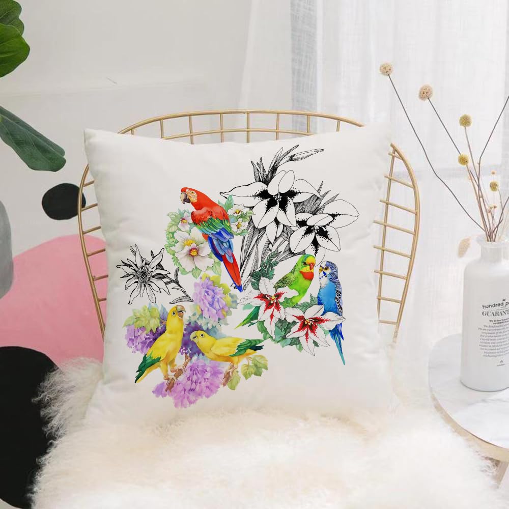 HYMSXW Cushion Cover,Throw Pillow Case Home Decorative for Living Room Bedroom Sofa Chair 20X20 Inch,Exotic parrots and beautiful flowers on white background,Pillowcase 50X50cm