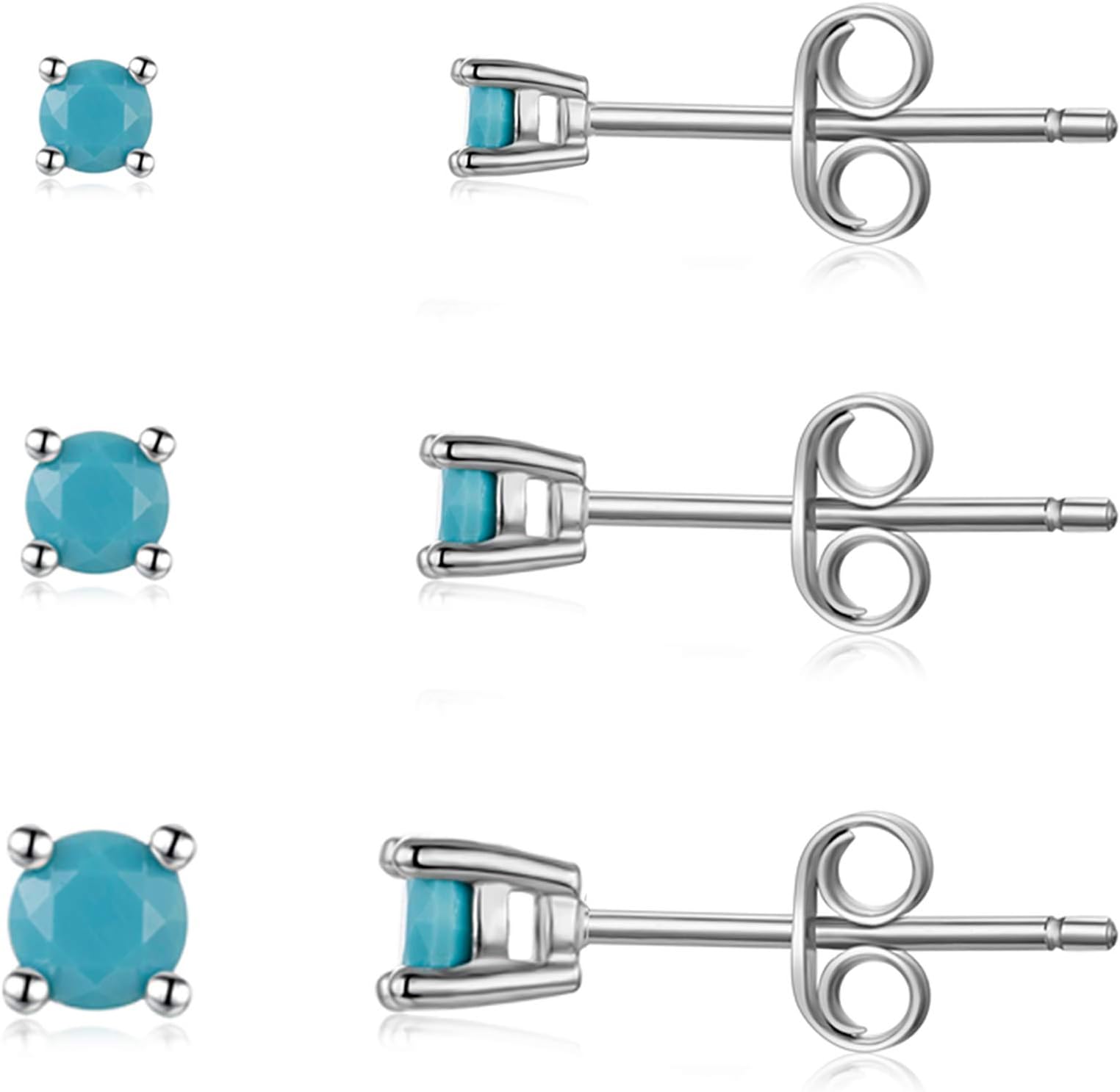 Sterling Silver Stud Earrings for Men Women- Hypoallergenic Tiny Turquoise Stud Earring Set 2mm 3mm 4mm White Gold Plated Round Prong-Set Birthstone Small Earrings