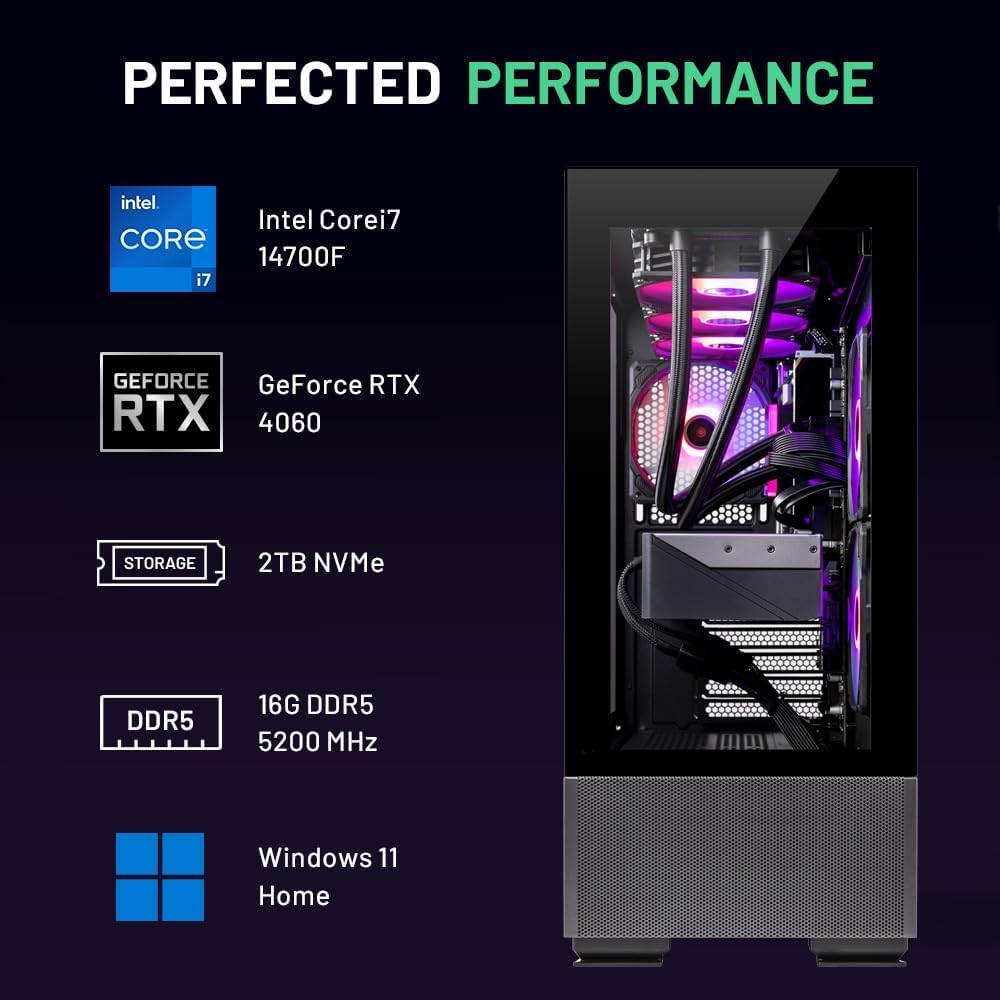 Skytech Azure Gaming PC Desktop, Intel i7 14700F 2.1 GHz (5.3GHz Turbo Boost), NVIDIA RTX 4060 8GB GDDR6, 2TB SSD, 16GB DDR5 RAM 5200, 750W Gold PSU, 360mm ARGB AIO, Wi-Fi, Win 11 Home